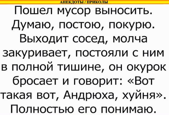 _ Пошел мусор выносить Думаю постою покурю Выходит сосед молча закуривает постояли с ним в полной тишине он окурок бросает и говорит Вот такая вот Андрюха хуйня Полностью его понимаю