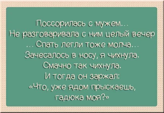 Поссорилась с мужем Не разговаривала с ним целый вечер Спать легли тоже молча Зачесалооь в носу я чихнула Смачно так чихнула И тогда он заржал Что уже ядом прыскаешь гадюка моя