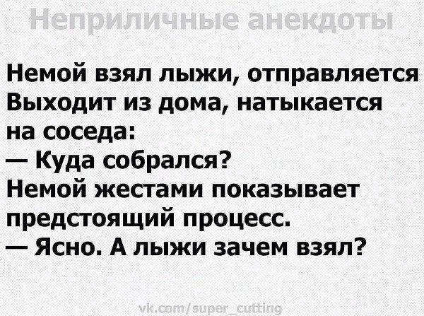 Немой взял лыжи отправляется Выходит из дома натыкается на соседа Куда собрался Немой жестами показывает предстоящий процесс Ясно А лыжи зачем взял