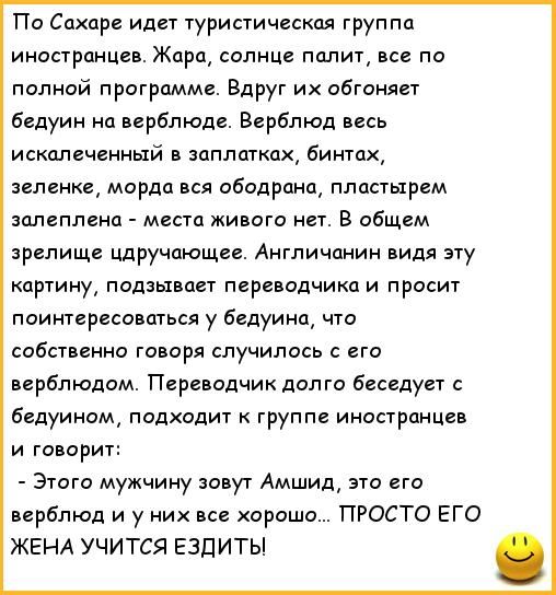 По Сахар идет туристическая группа иностранцев Жара солнце полит все по полной программе Вдруг их обгоняет Бедуин но верблюда Верблюд весь искалеченный в шппспкдх бинтах зеленка морда вся ободрано пластырем шпгппгио места живого нет в общем зрелищ цдручоющп Антпичокин видя эту картину подзывает переводчика и просит поинтересоваться у балуют что собственно говоря случилось с его верблюдом Переводчи