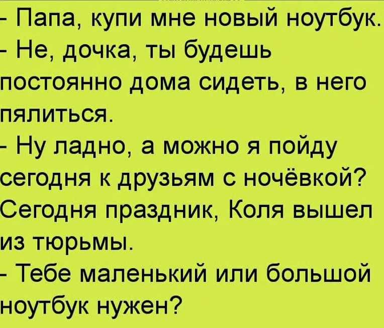 Папа купи мне новый ноутбук Не дочка ты будешь постоянно дома сидеть в него пялиться Ну ладно а можно я пойду сегодня к друзьям с ночёвкой Сегодня праздник Коля вышел из тюрьмы Тебе маленький или большой ноутбук нужен