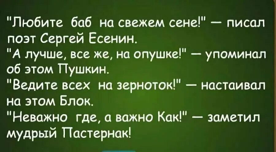 Любите баб на свежем сене писал поэт Сергей Есенин А лучше все же на опушке упоминал об этом Пушкин Ведите всех на зерноток настаивал на этом Блок Неважно где важно Как заметил мудрый Пастернак
