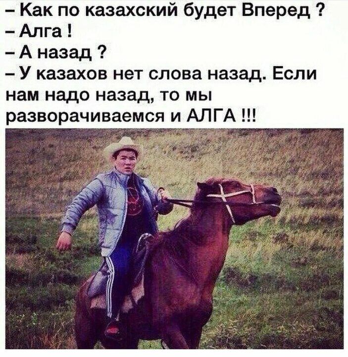 Как по казахский будет Вперед Алга А назад У казахов нет слова назад Если нам надо назад то мы разворачиваемся и АЛГА