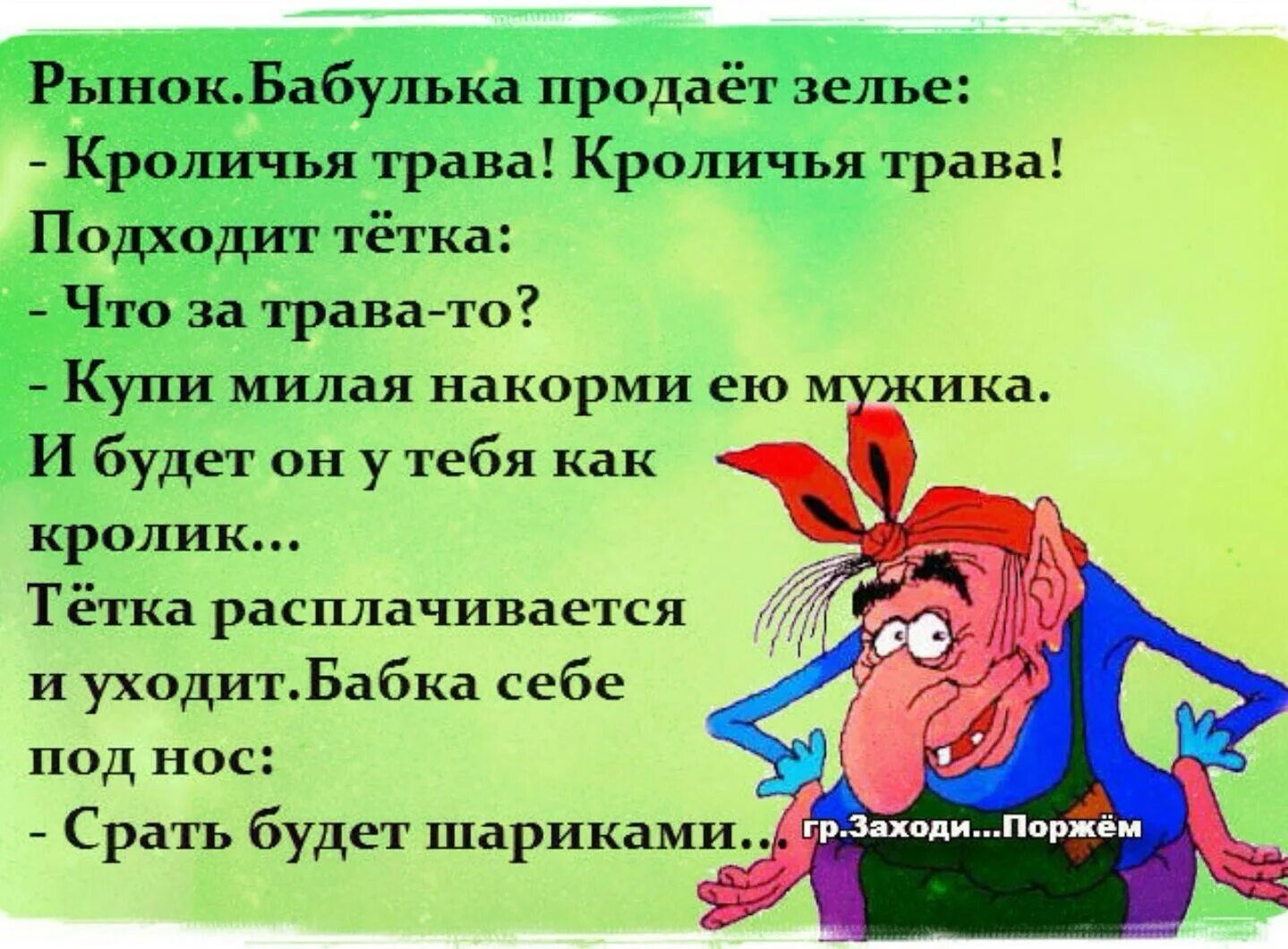 РьтпокБабутыа продаёт зелье Кроличья трава Кроличъл трава Подходит тётка Что за травтто Купи милая накорми ею И будет он утебя как кролик тётка расплачивается и уходтБабка себе под нас _ срать будет шдриками грнкппипврпеи