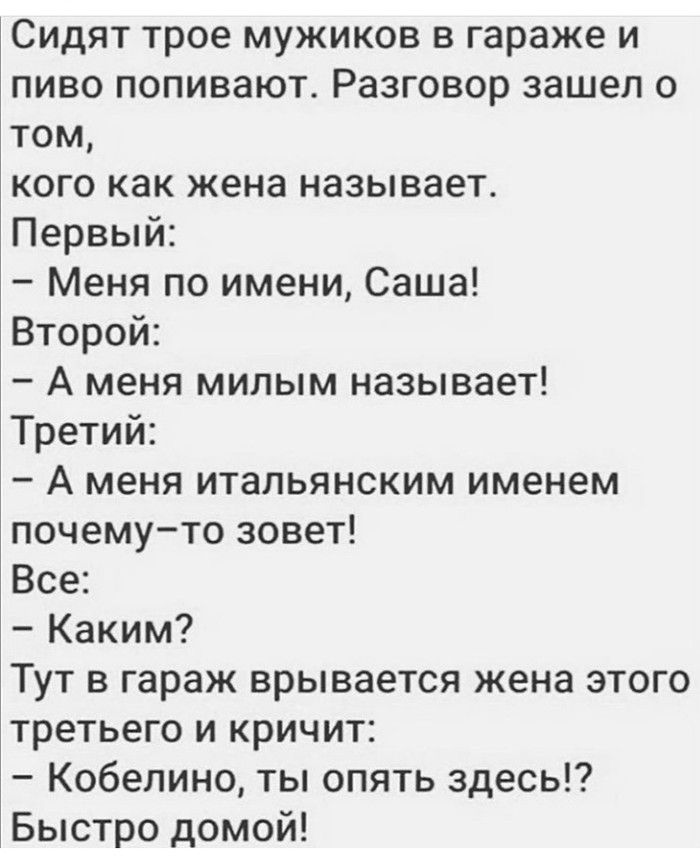 Сидят трое мужиков в гараже и пиво попивают Разговор зашел о том кого как жена называет Первый Меня по имени Саша Второй А меня милым называет Третий А меня итальянским именем почемуто зовет Все Каким Тут в гараж врывается жена этого третьего и кричит Кобелино ты опять здесь Быстро домой