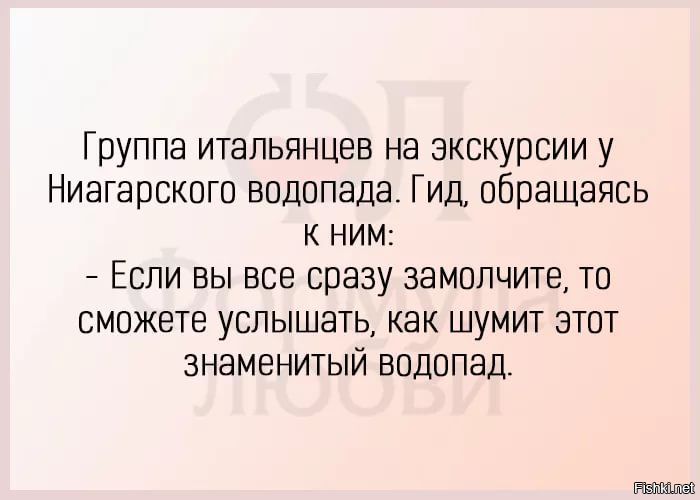 Группа итальянцев на зкскурсииу Ниагарского водопада Гид обращаясь к ним Если вы все сразу замолчите то вмпжете услышать как шумит этпт знаменитый водопад