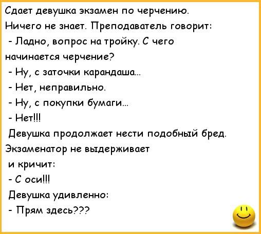 Сдает девушка экзамен по черчению Ничего не вы Преподаватель го ориг Полно вопрос на тройку С чего нпчииается черчение Ну с заточки кпршщдшп Нет неправилы ю Ну с покупки бумаги На девушки продолжпгу нести пидобиый бред Экзаменатор не выдерживает и кричит с аси Девушки удивление Прям здесь