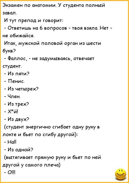 Экзамен по анатомии У студента попный завал И тут препод и говорит Ответишь на ь вопросов взяла Нет не обижайся Итак мужской половой орган и шши Буки Фаллос задумываясь отвечает студент И пяти Пенис И четырех Член и трех Хйі И д ух студию энергично сгибает одну руку в локте и бьет по сгибу другой Над Из одной вытягивает прямую руку и бьет по ней другой у самого плеча ОШ