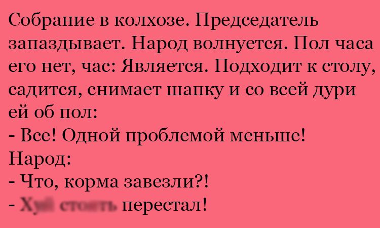 Собрание в колхозе Председатель запаздывает Народ волнуется Пол часа его нет час Является Подходит к столу садится снимает шапку и со всей дури ей 06 пол Все Одной проблемой меньше Народ Что корма завезли Х_ п п перепил