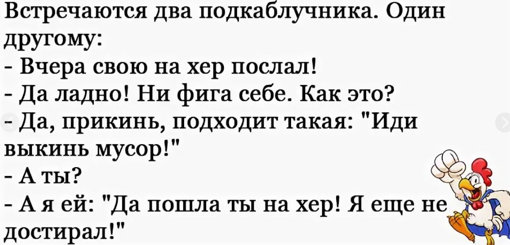 Встречаются два подкаблучника Один другому Вчера свою на хер послал Да ладно Ни фига себе Как это Да прикинь подходит такая Иди выкинь мусор Да пошла ты на хер Я еще не