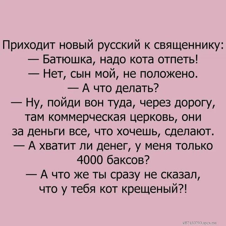 Приходит новый русский к священнику Батюшка надо кота отпеть Нет сын мой не положено А что депать Ну пойди вон туда через дорогу там коммерческая церковь они за деньги все что хочешь сделают А хватит ли денег у меня только 4000 баксов А что же ты сразу не сказал что у тебя кот крещеный