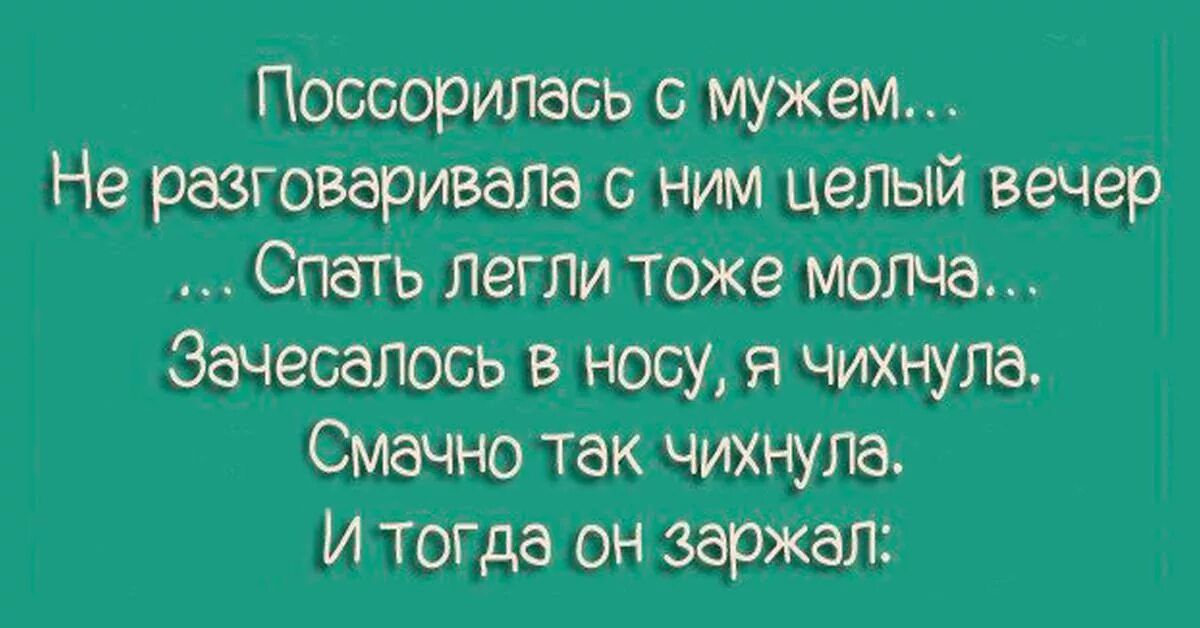 Поссорилась с мужем Не разговаривала с ним целый вечер Спать легли тоже молча Зачесапось в носу и ЧИХНУЛЗ Смачно так чихнула И тогда он заржал