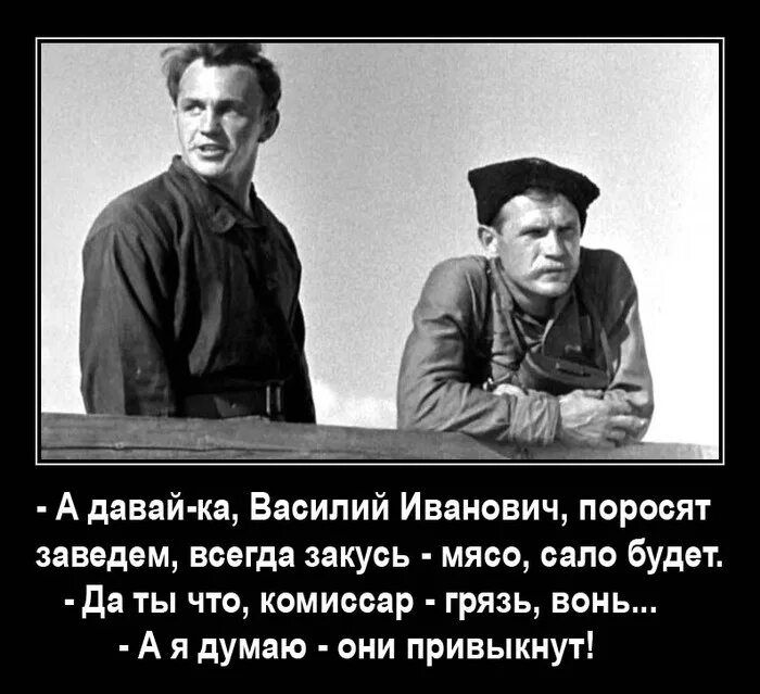 А давай ка Василий Иванович поросят заведем всегда закусь мясо сало будет да ты чтп комиссар грязь вонь А я думаю они привыкнут