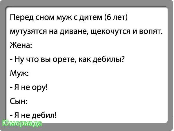 Перед сном муж с дитем 6 ЛЕТ мутузятся на диване щекочутся и вопят Жена Ну что вы орете как дебилы Муж Я не ору Сын Я не дебил