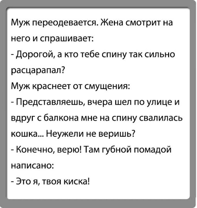 Муж переодевается Жена смотрит на него и спрашивает дорогой а кто тебе спину так сильно расцарапал Муж краснеет от смущения Представляешь вчера шел по улице и вдруг с балкона мне на спину свалилась кошка Неужели не веришь Конечно верю Там губной помадой написано Это я твоя киска