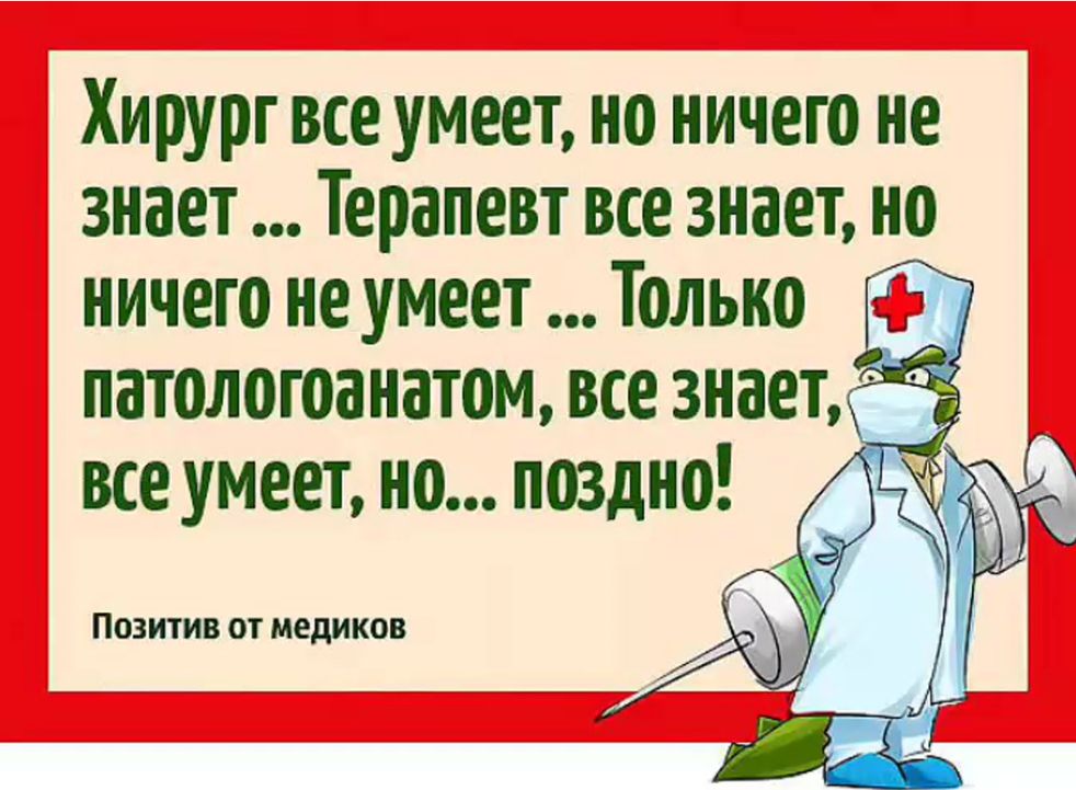 Хирург все умеет но ничего не знает Терапевт все знает но ничего не умеет Только патологоанатом все знаем все умеет но поздно позитив вт медиков