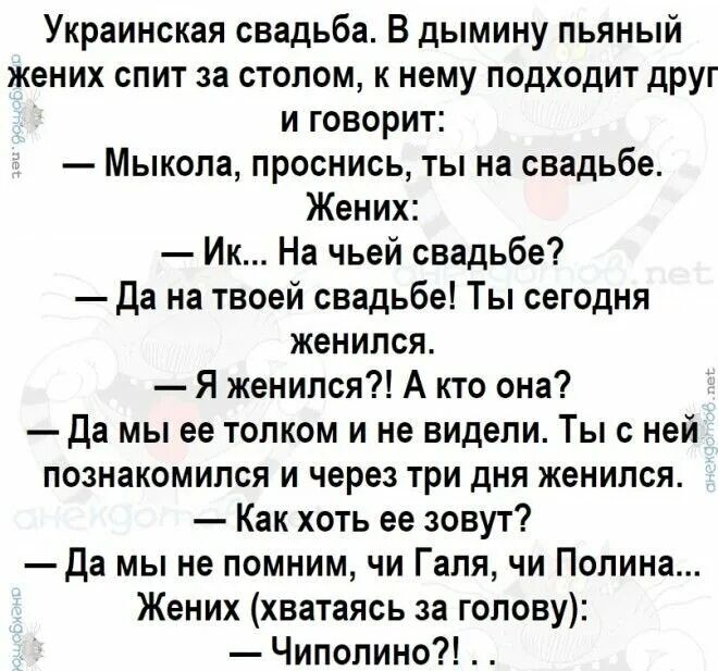 Украинская свадьба В дымину пьяный жених спит за столом к нему подходит дРУг и говорит Мыкола проснись ты на свадьбе Жених Ик На чьей свадьбе да на твоей свадьбе Ть сегодня ЖЕНИПСЯ Я женился А кто она Да мы ее толком и не видели Ты с ней познакомился и через три дня женился Как хоть ее зовут да мы не помним чи Гапя чи Полина Жених хватаясь за голову Чиполино