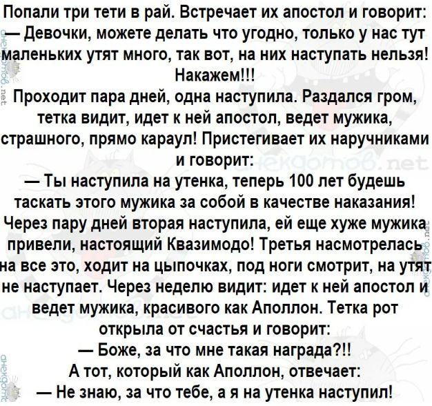 Попали три тети в рай Встречает их апостол и говорит девочки можете делать что угодно только у нас тут маленьких утят много так вот на ник наступать нельзя Накажем Проходит пара дией одна наступила Раздался гром тетка видит идет к ней апостол ведет мужика страшного прямо караул Пристегивает их наручниками и говорит Ты наступила на утенка теперь 100 лет будешь таскать этого мужика за собой в качест