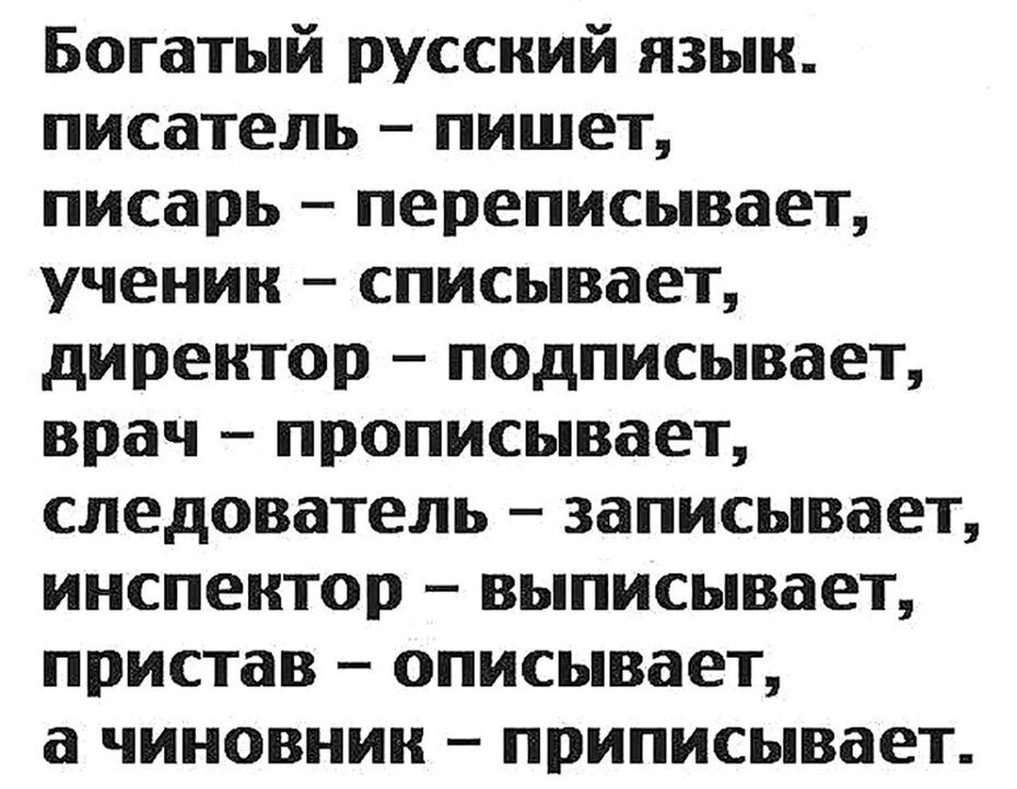 Богатый русский язык писатель пишет писарь переписывает ученик списывает директор подписывает врач прописывает следователь записывает инспектор выписывает пристав описывает а чиновник приписывает