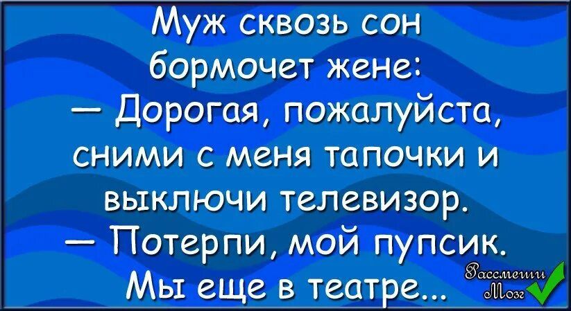 Муж сквозь сон бормочет жене Дорогая пожалуйста сними с меня тапочки и выключи телевизор Потерпи мой пупсик Мы еще в театре дій