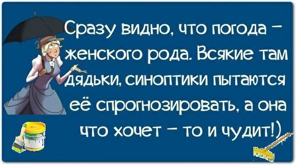 Сразу Видно что погода _ женского рода Всякие там Ёідьки синоптики пытается ее спрогнозировать а она что хочет то и чудит