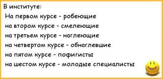 в инсіитутв На первом курсе робеющие п норим курс смелвющие на третьем курсе иаглеющи п чет ерюм курс обнаглевшис на пятом курсе пофигисты п шгсюм курсе мопеды специппиаы