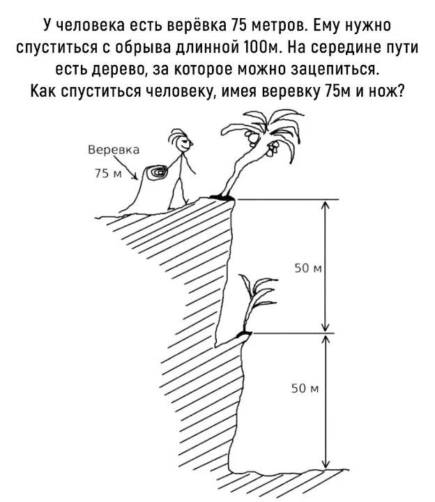 У чалавека есть верёвка 75 негров Ему нужно спуститься с обрыва длиииай ШПм На сервдиие пути есть дерево за кптпрое можип зацепиться Как спуститься человеку имея веревку ПМ и каж Веревка