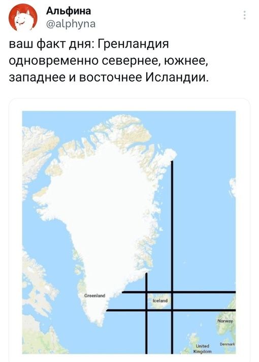 Альфина аірнупа ваш факт дня Гренландия одновременно севернее южнее западнее и восточнее Исландии