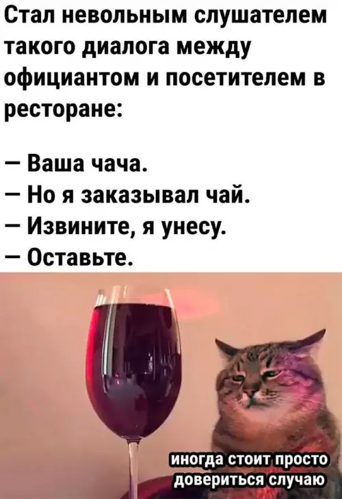 Стал невольным слушателем такого диалога между официантом и посетителем в ресторане Ваша чача Но я заказывал чай Извините я унесу Оставьте иногда стоитросто довериться случаю