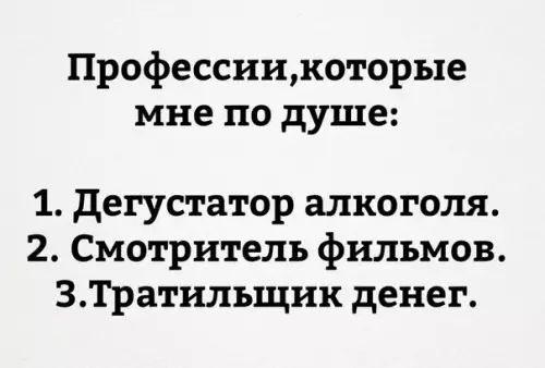 Профессиидюторые мне по душе 1 дегустатор алкоголя 2 Смотритель фильмов ЗТратилъщик денег