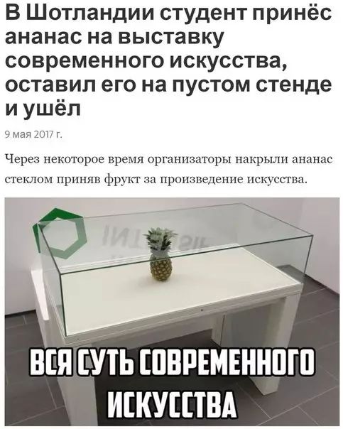 В Шотландии студент принёс ананас на выставку современного искусства оставил его на пустом стенде и ушёл чер некоторое время пришли шуры накрыт чпшс стеклом р фр произведении п нш Утьшвпъмвннпгп игкушнд