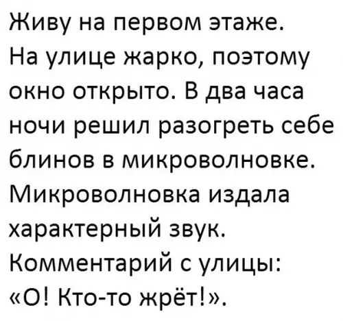 Живу на первом этаже На улице жарко поэтому окно открыто В два часа ночи решил разогреть себе блинов в микроволновке Микроволновка издала характерный звук Комментарий с улицы 0 Кто то жрёт