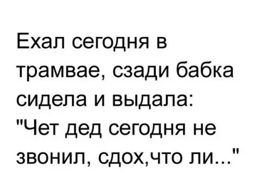 Ехал сегодня в трамвае сзади бабка сидела и выдала Чет дед сегодня не звонил сдохчто пи