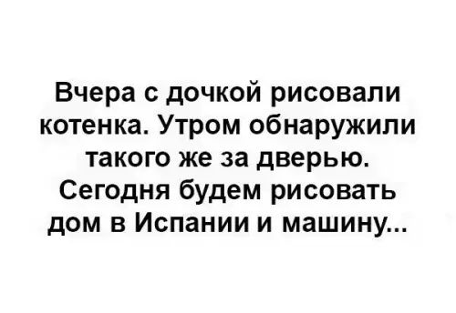 Вчера с дочкой рисовали котенка Утром обнаружили такого же за дверью Сегодня будем рисовать дом в Испании и машину