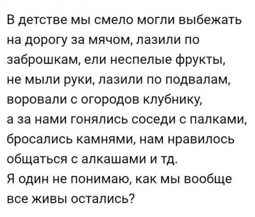 В детстве мы смело могли выбежать на дорогу за мячом лазили по заброшкам ели неспелые фрукты не мыли руки лазили по подвалам воровали с огородов клубнику а за нами гонялись соседи с палками бросались камнями нам нравилось общаться с алкашами и тд Я один не понимаю как мы вообще все живы остались