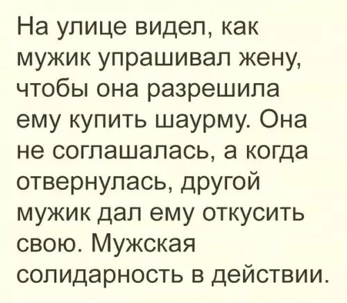 На улице видел как мужик упрашивал жену чтобы она разрешила ему купить шаурму Она не соглашалась а когда отвернулась другой мужик дал ему откусить свою Мужская солидарность в действии