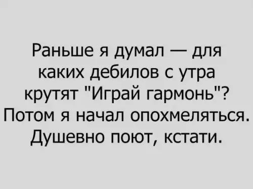 Раньше я думал для каких дебилов с утра крутят Играй гармонь Потом я начал опохмеляться Душевно поют кстати