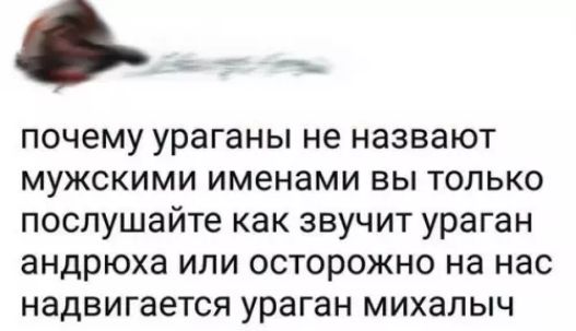 Фнн почему ураганы не назвают мужскими именами вы только послушайте как звучит ураган андрюха или осторожно на нас надвигается ураган михалыч