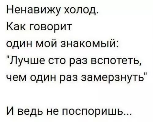 Ненавижу холод Как говорит один мой знакомый Лучше сто раз вспотеть чем один раз замерзнуть И ведь не поспоришь