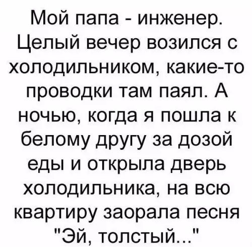 Мой папа инженер Целый вечер возился с холодильником какие то проводки там паял А ночью когда я пошла к белому другу за дозой еды и открыла дверь холодильника на всю квартиру заорала песня Эй толстый