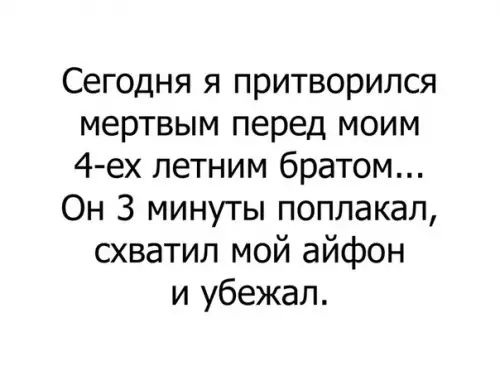 Сегодня я притворился мертвым перед моим 4 ех летним братом Он 3 минуты поплакал схватил мой айфон и убежал