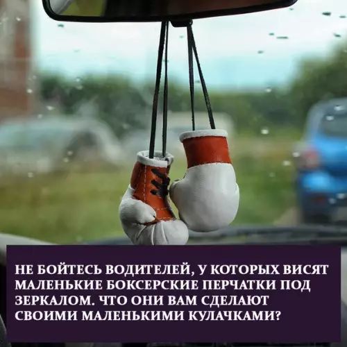 НЕ БОЙТЕСЬ ВОДИТЕЛЕЙ У КОТОРЫХ ВИСЯТ МАЛЕНЬКИЕ БОКСЕРСКИЕ ПЕРЧАТКИ ПОД ЗЕРКАЛОМ ЧТО ОНИ ВАМ СДЕЛАЮТ СВОИМИ МАЛЕНЬКИМИ КУЛАЧКАМИ