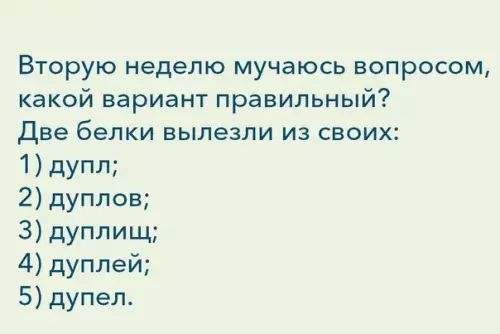 Вторую неделю мучаюсь вопросом какой вариант правильный Две белки вылезли из своих 1 дупл 2 дуплов 3 дуплищ 4 дуплей 5 дупел