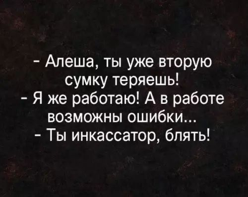 Алеша ты уже вторую сумку теряешь Я же работаю А в работе ВОЗМОЖНЫ ОШИбки Ты инкассатор блять