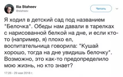 ММа 51айеем уе Я ходил в детский сад под названием Белочка Обеды нам давали в тарелках с нарисованной белкой на дне и если кто то например я плохо ел воспитательница говорила Кушай хорошо тогда на дне увидишь белочку Возможно это как то предопределило мою жизнь но кто знает