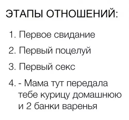 ЭТАПЫ ОТНОШЕНИЙ 1 Первое свидание 2 Первый поцелуй З Первый секс 4 Мама тут передала тебе курицу домашнюю и 2 банки варенья