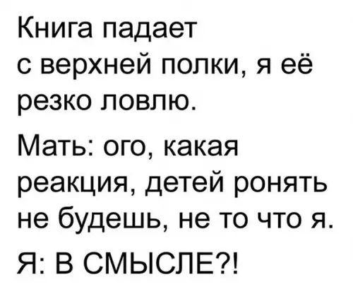 Книга падает с верхней полки я её резко ловлю Мать ого какая реакция детей ронять не будешь не то что я Я В СМЫСЛЕ