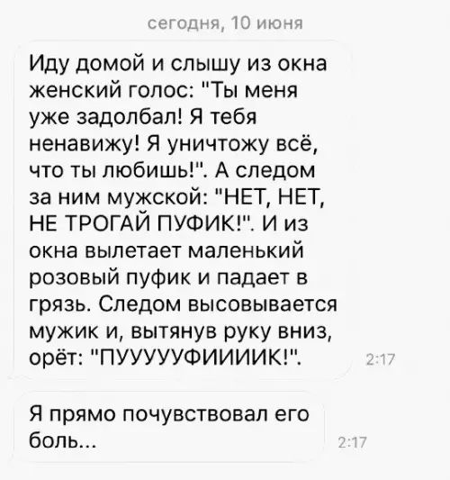 сегодня 10 июня Иду домой и слышу из окна женский голос Ты меня уже задолбал Я тебя ненавижу Я уничтожу всё что ты любишь А следом за ним мужской НЕТ НЕТ НЕ ТРОГАЙ ПУФИК И из окна вылетает маленький розовый пуфик и падает в грязь Следом высовывается мужик и вытянув руку вниз орёт ПУУУУУФИИИИК Я прямо почувствовал его боль