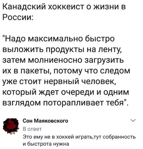 Канадский хоккеист о жизни в России Надо максимально быстро выложить продукты на ленту затем молниеносно загрузить их в пакеты потому что следом уже стоит нервный человек который ждет очереди и одним взглядом поторапливает тебя Сон Маяковского В ответ Это ему не в хоккей игратьтут собранность ибыстрота нужна