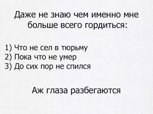 Даже не знаю чем именно мне больше всего гордиться 1 Что не сел в тюрьму 2 Пока что не умер З До сих пор не спился Аж глаза разбегаются